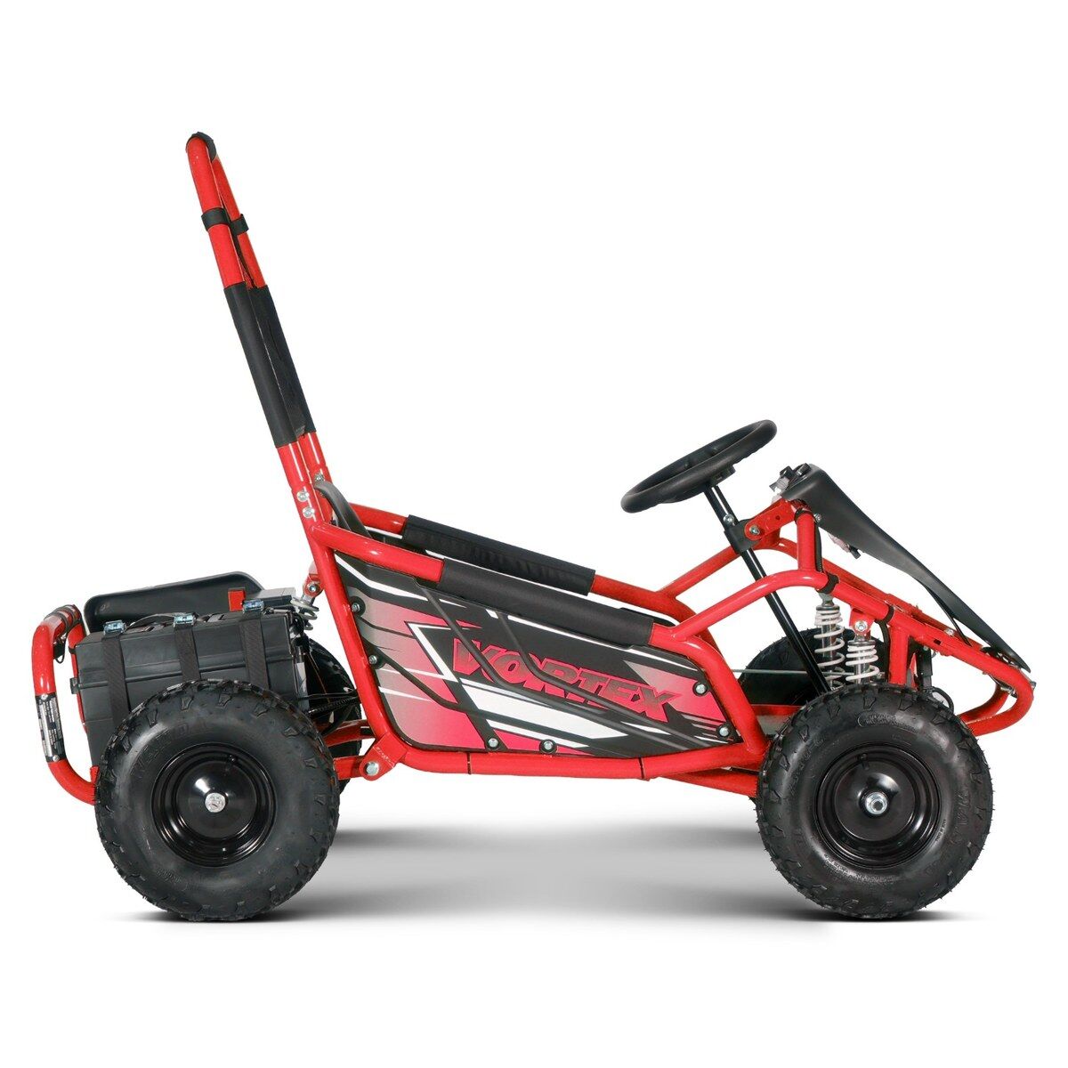 Červený dětský elektrický gokart VORTEX z boku. Robustní vozidlo s velkými terénními pneumatikami s výrazným dezénem, červeným rámem s odpružením a černým bateriovým boxem vzadu. Viditelný nápis „VORTEX“ a volant. 48 V.