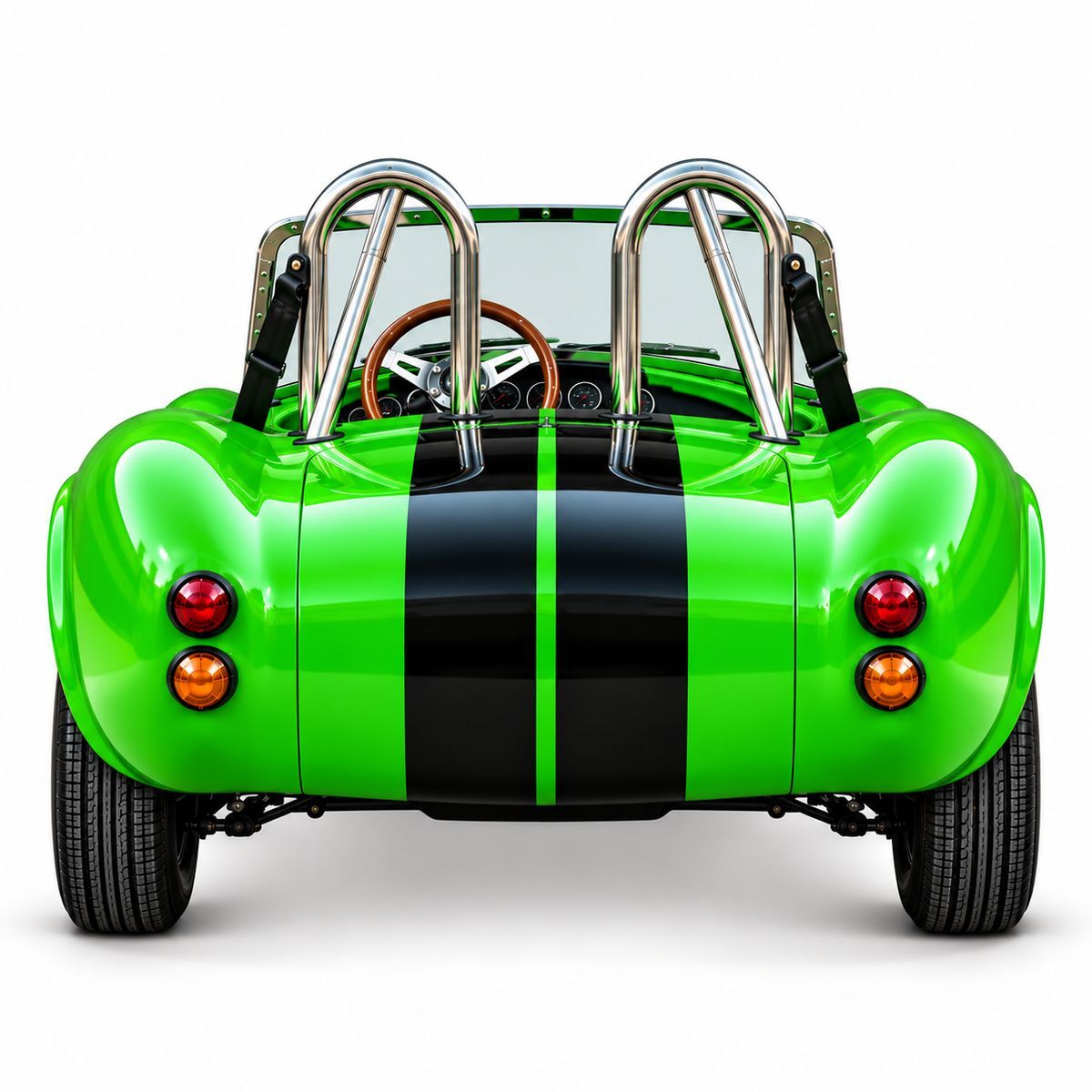Grünes Cobra Shelby Kinder-Elektroauto von hinten, mit zwei schwarzen Rennstreifen. Hinter den Sitzen glänzende Edelstahl-Überrollbügel. Holzlenkrad durch die Windschutzscheibe sichtbar. Am Heck: rotes Rücklicht und orangener Blinker.