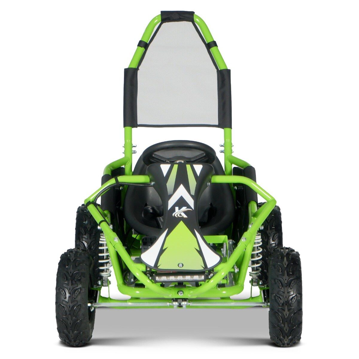 Zelený elektrický dětský motokárový buggy zepředu s robustní ocelovou rámovou konstrukcí. Velké profilované terénní pneumatiky, viditelné přední odpružení a vysoký ochranný oblouk s síťovým potahem. Černé polstrování sedadla.