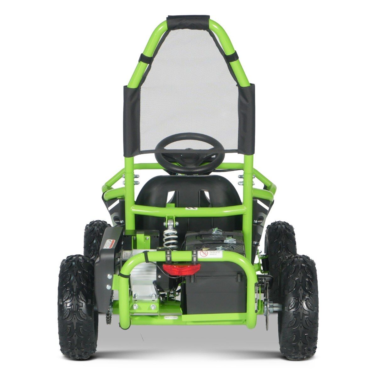 Pohled zezadu na zářivě zelený dětský elektrický gokart VORTEX s trubkovým rámem, velkými terénními pneumatikami, zadní nápravou s řetězovým pohonem, odpružením a černým prostorem pro baterii. Černé sedadlo s opěrkou ze síťoviny. Viditelný volant.