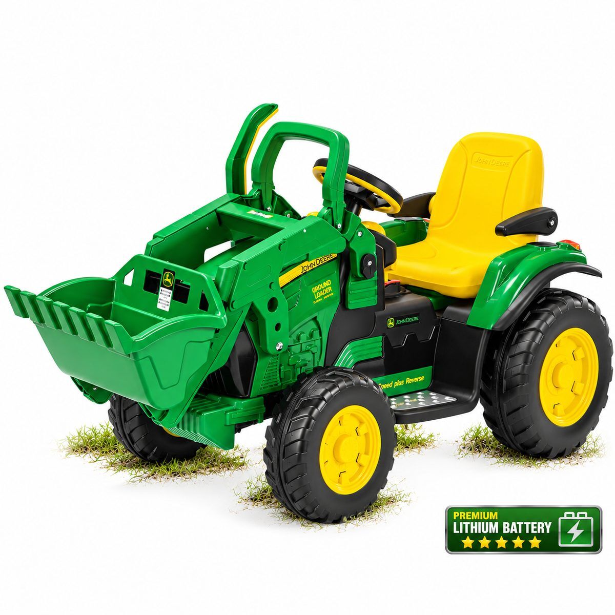 Grüner John Deere Ground Loader Elektro-Kindertraktor von PEG PEREGO mit gelbem Sitz und großen, robusten Rädern. Mit funktionsfähigem Frontlader zum Beladen und Transportieren. Hinweis: Premium-Lithiumbatterie.