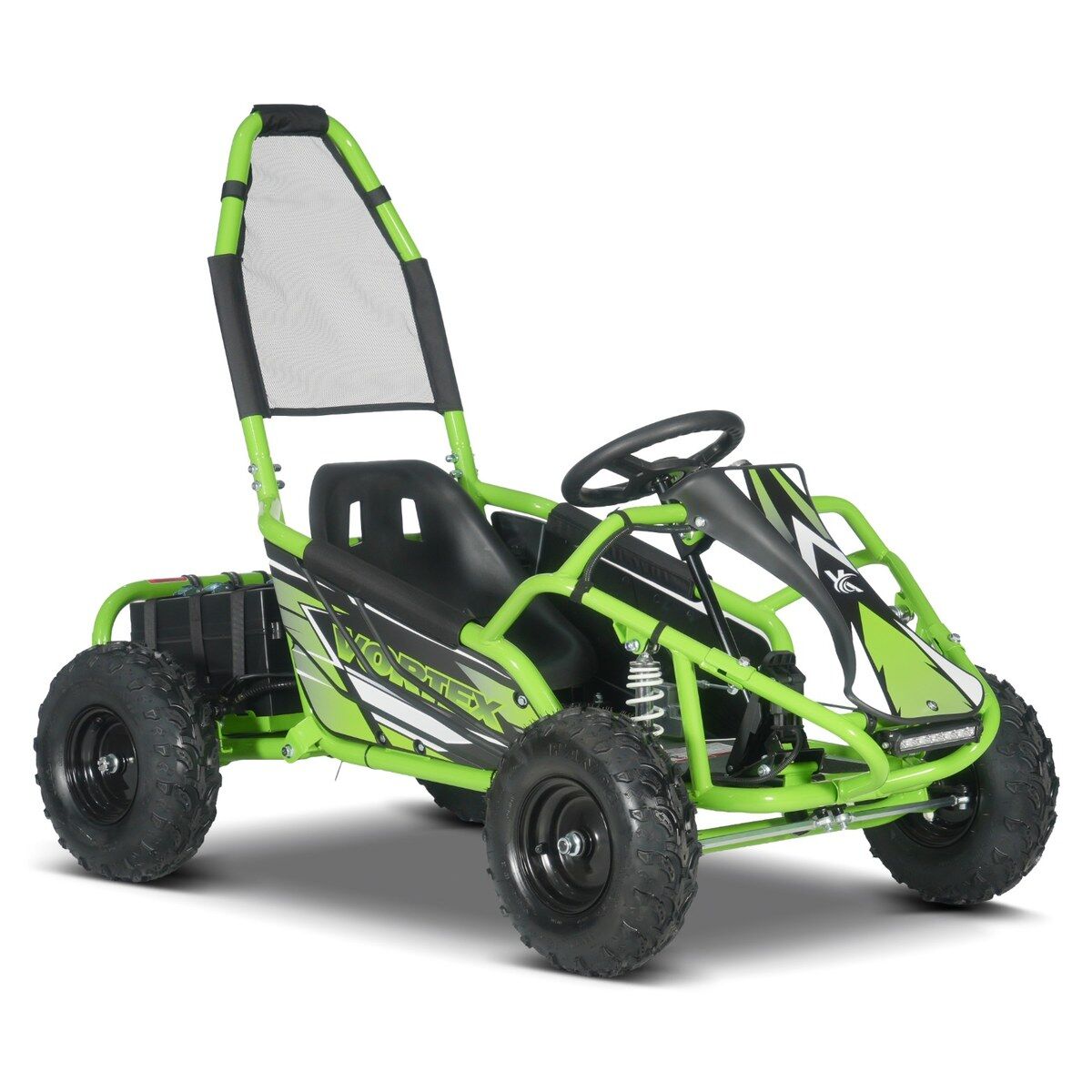 Zelený elektrický dětský buggy VORTEX s robustním rámem a velkými terénními pneumatikami s výrazným dezénem, připravený na dobrodružství. S černou sedací skořepinou, volantem, síťovanou opěrkou zad a bočními obloženími se zeleno-černými grafickými prvky.