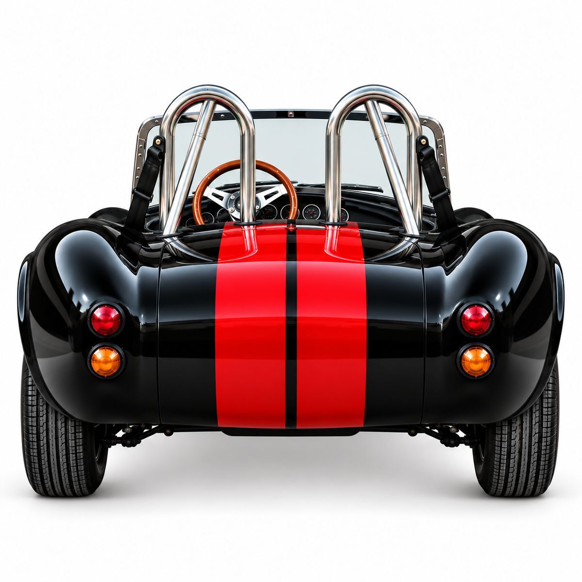 Black Cobra Shelby children’s electric car, viewed from the rear at a slight angle, with two red racing stripes. Polished stainless steel roll bars, elegant wooden steering wheel. Round red rear lights, orange indicators on both sides, wide tyres.