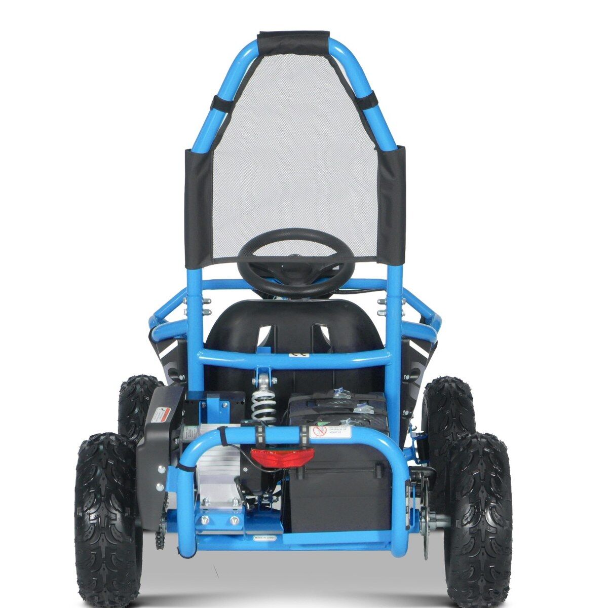 Modrý elektrický dětský gokart buggy zezadu, robustní trubkový rám, velké černé profilové pneumatiky a černé sedadlo. Vidět volant, odpružení, červené zadní světlo a řetězový pohon. Ochranný oblouk se síťovinou.