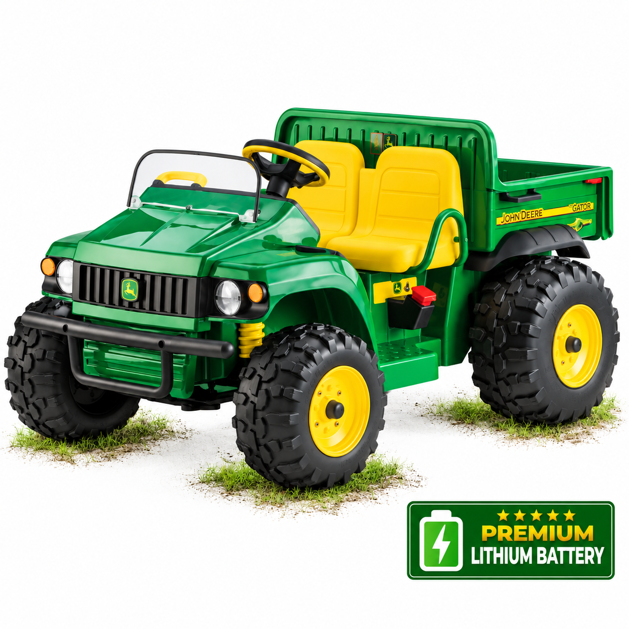 Grünes John Deere GATOR HPX Kinder-Elektrofahrzeug mit zwei gelben Sitzen und robuster Profilbereifung, bereit für Abenteuer. Detailgetreues Modell mit Ladefläche und Frontpartie samt John Deere Logo. Hinweis auf Premium Lithium Batterie.