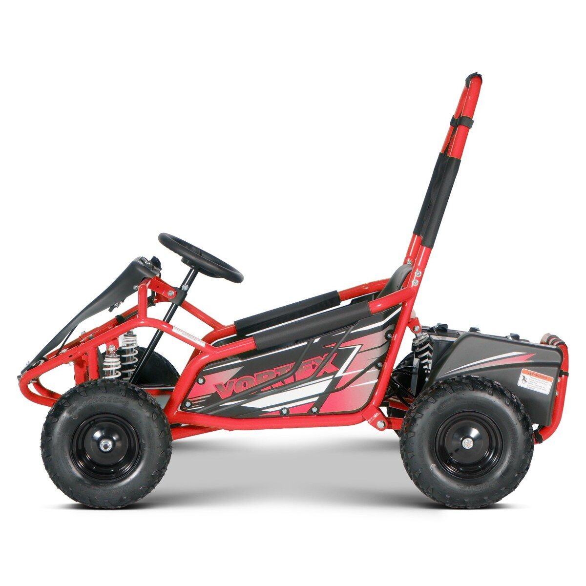 Červený elektrický dětský motokárový buggy VORTEX na bílém pozadí. Robustní červený rám s logem VORTEX a sportovními grafickými prvky, černé terénní pneumatiky, viditelné odpružení, černý volant a sedadlo. 48 V.