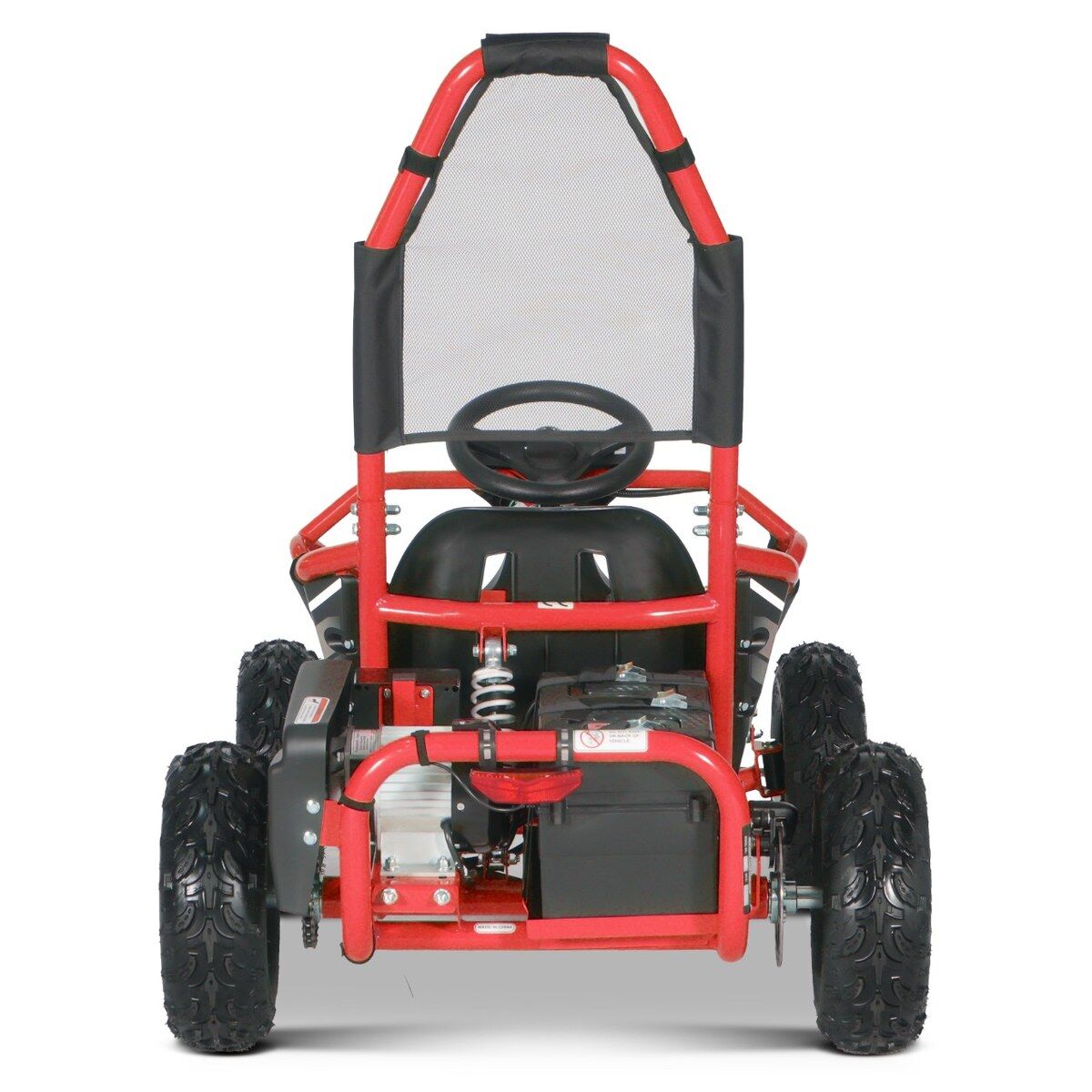 Pohled zezadu na červený elektrický dětský gokart VORTEX s červeným ochranným obloukem, černým sedadlem a volantem. Profilované terénní pneumatiky, viditelné zadní odpružení a integrované 48V pohonnou jednotku s baterií.