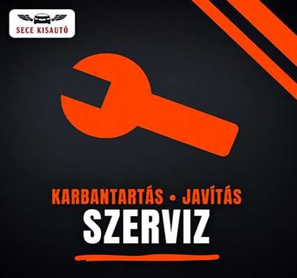 Sötét háttér, rajta egy nagy, élénk narancssárga csavarkulcs, amely a javítást és a szervizt szimbolizálja. Bal felső sarokban a „SECE KISAUTÓ” logó egy stilizált autóval. Alatta a „KARBANTARTÁS • JAVÍTÁS” és a „SZERVIZ” felirat.