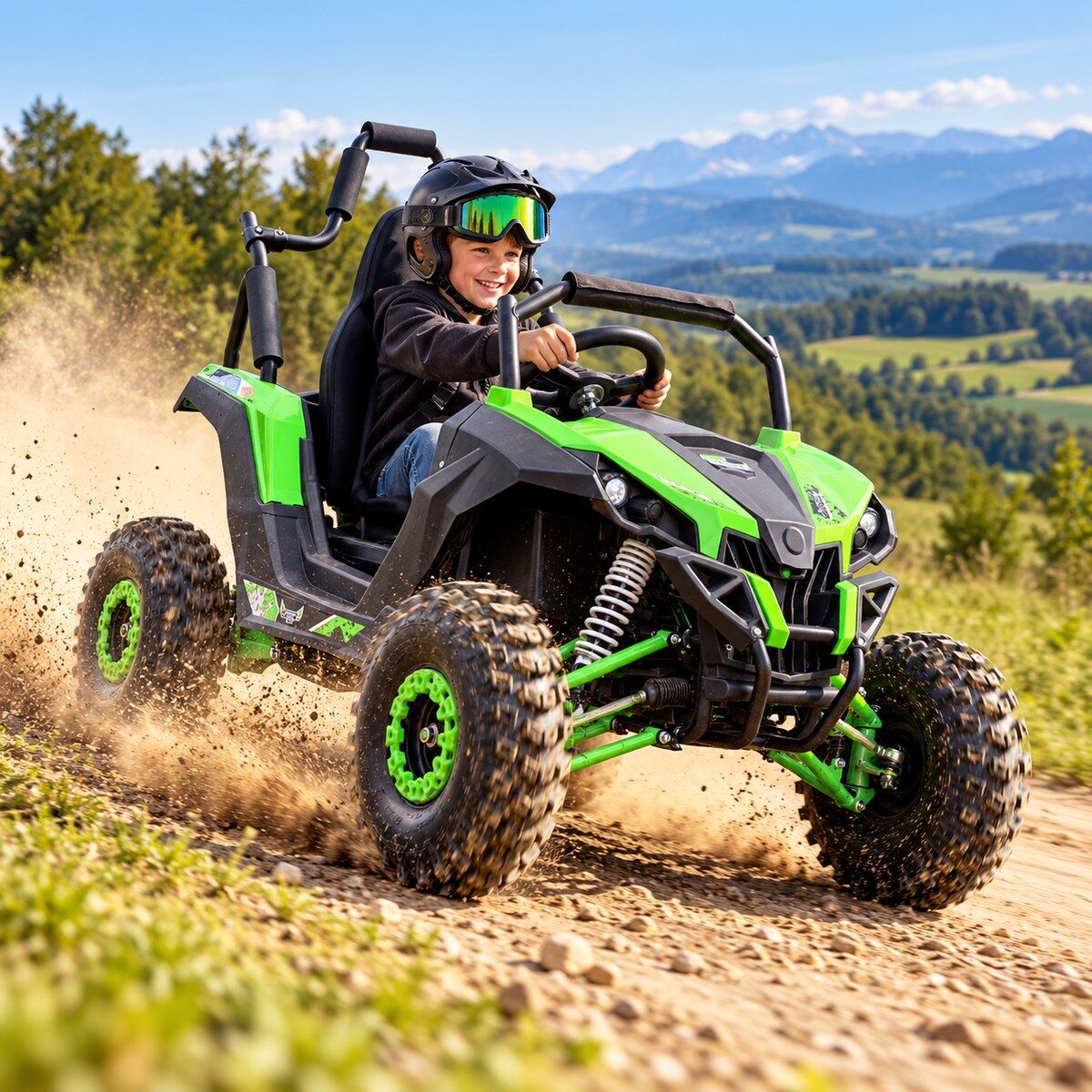Usmívající se dítě s přilbou a ochrannými brýlemi řídí zeleno-černý elektrický dětský Jeep po prašné polní cestě. Vozidlo víří prach, zatímco projíždí kopcovitou krajinou s lesy a horami v pozadí.