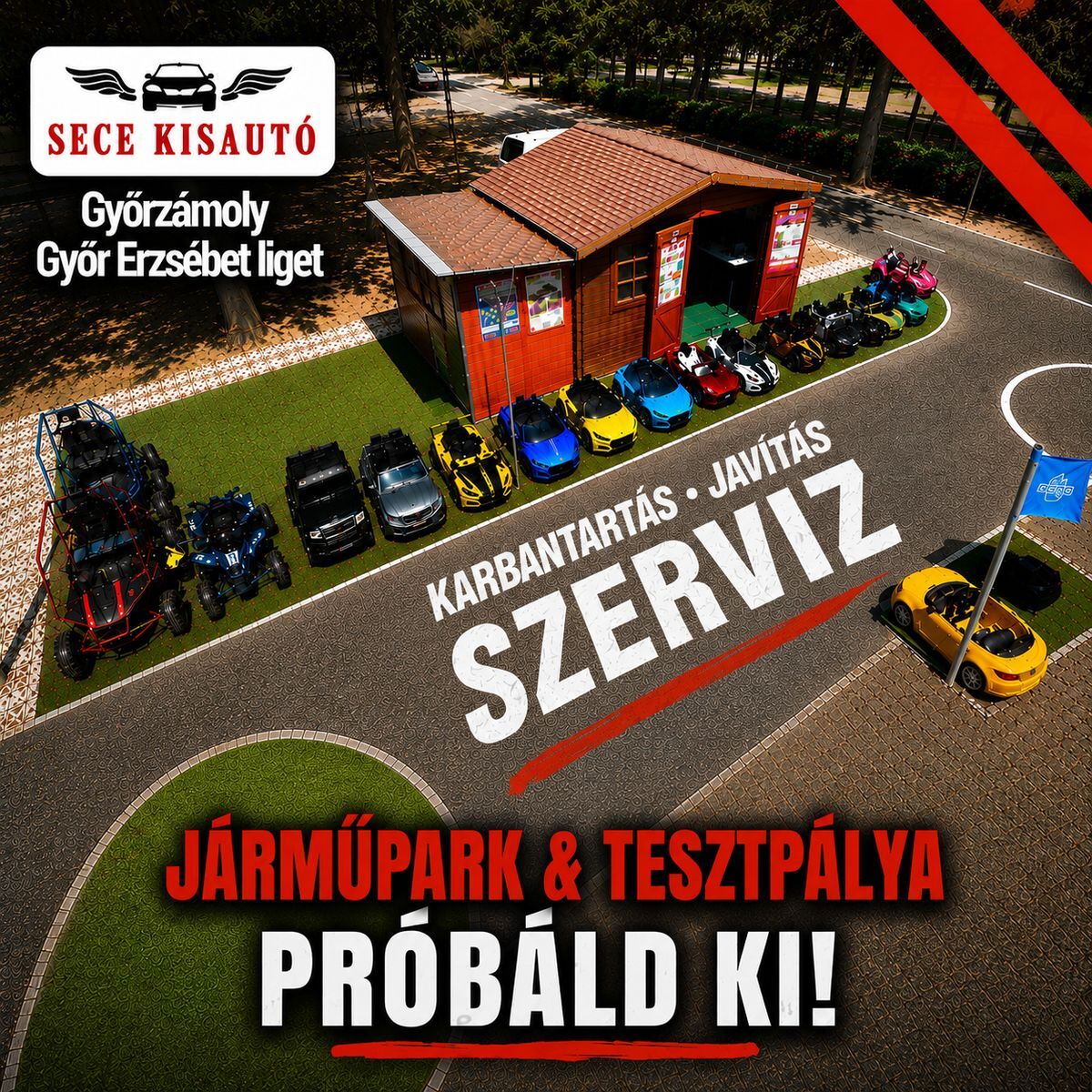 Szabadidőpark piros szervizépülettel és sok színes mini járművel, például gokartokkal, quadokkal és kisautókkal. Ezek zöld pázsiton és egy aszfaltozott tesztpályán állnak. Magyar feliratok utalnak a karbantartásra.