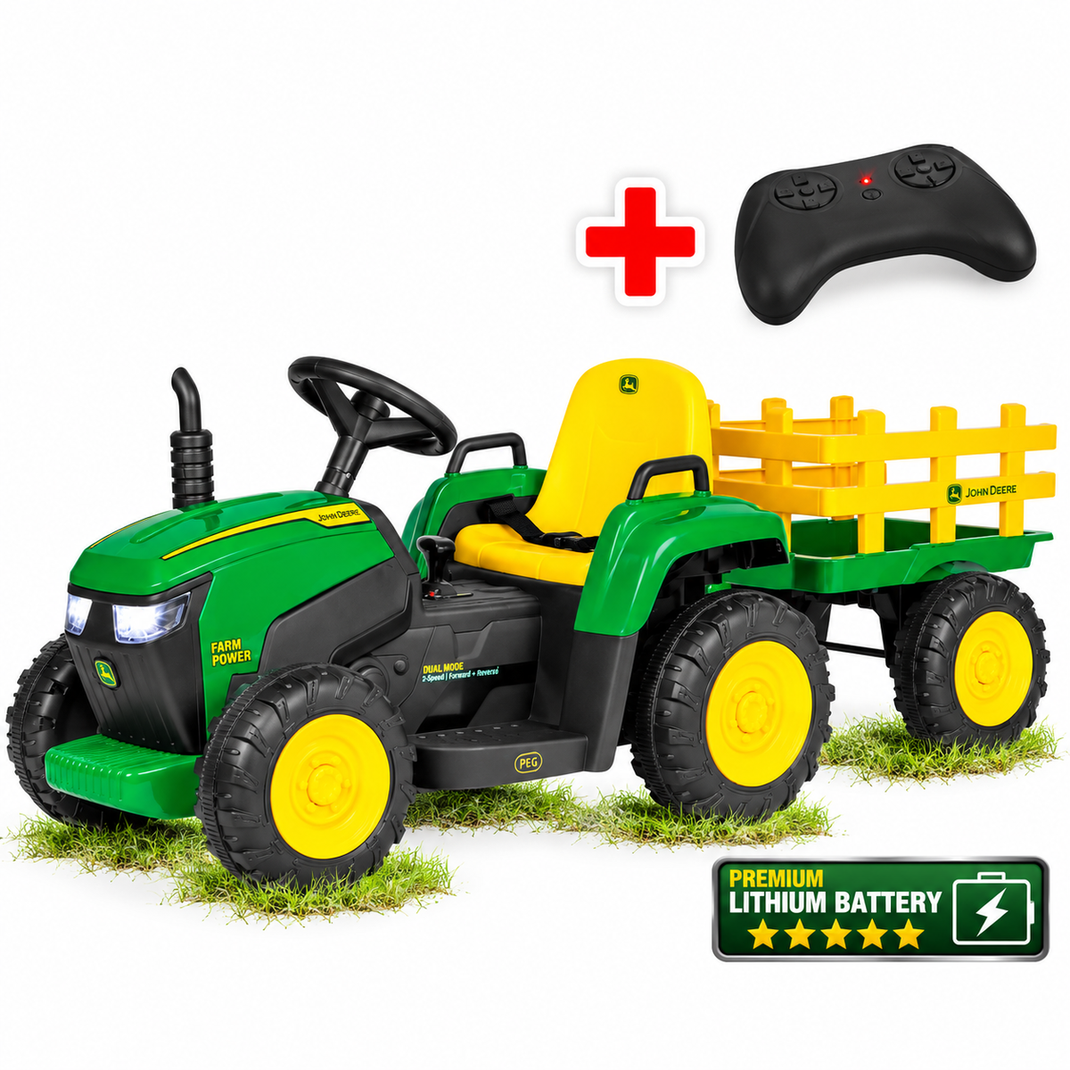 Grüner und gelber John Deere Farm Power Elektro Kindertraktor mit gelbem Anhänger auf Rasen. Mit leuchtenden Scheinwerfern, gelbem Sitzpolster und robusten Reifen. Oben eine schwarze Fernbedienung mit rotem Plus-Symbol.