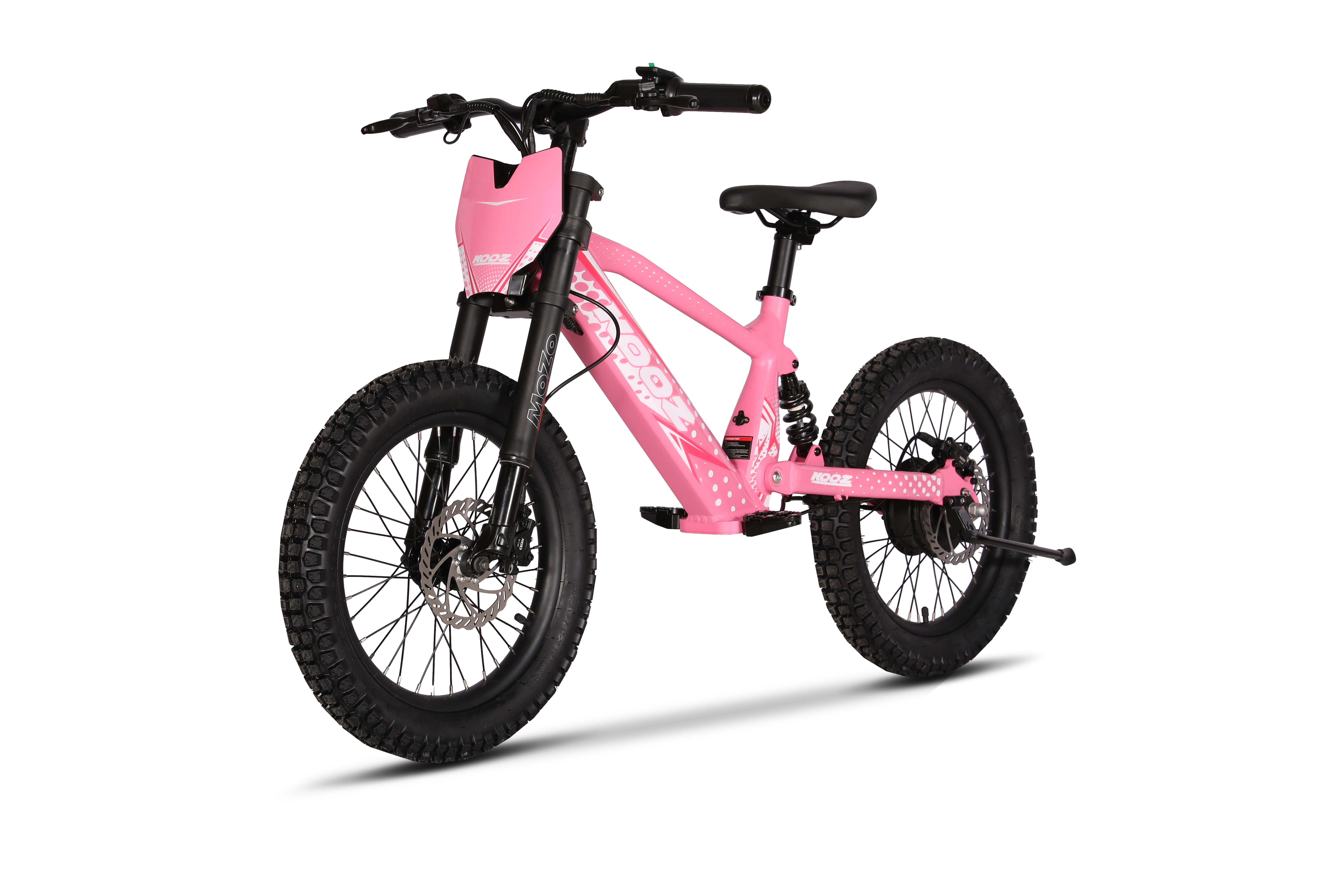 Pink luxury electric balance bike for children with aluminium frame and 18-inch off-road tyres. Front and rear suspension plus hydraulic disc brakes for safe, enjoyable riding. 36V sporty design, for children 120 cm and above.