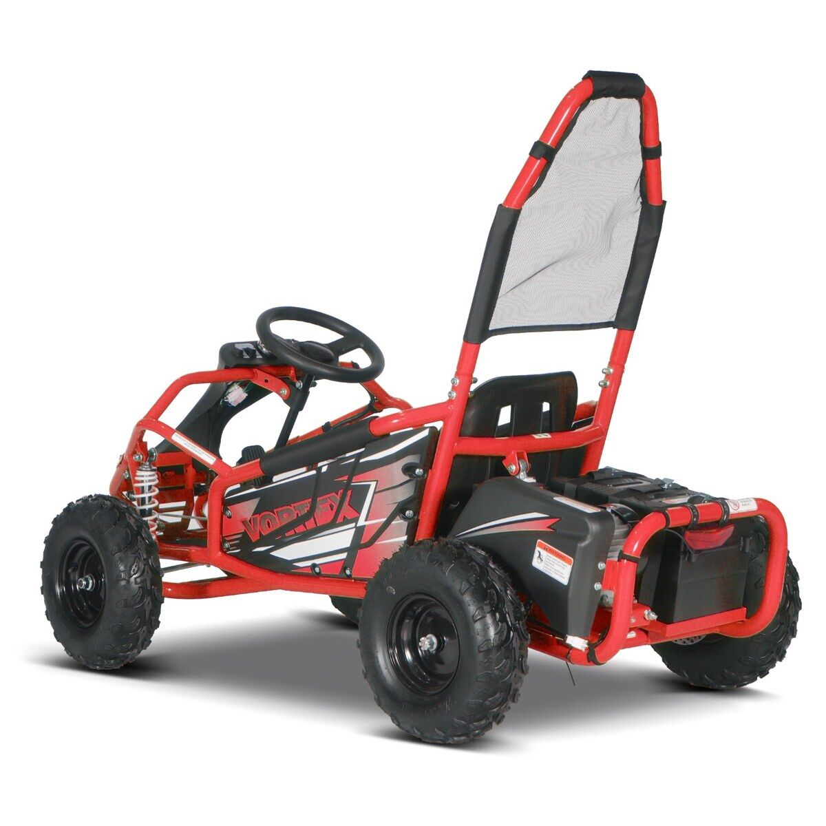 Červený elektrický dětský gokart VORTEX, pohled z boku zezadu na bílém pozadí. Robustní červený kovový rám, černý volant a sedadlo, čtyři profilované terénní pneumatiky. Ochranný oblouk s sítí vzadu. Nápis VORTEX.