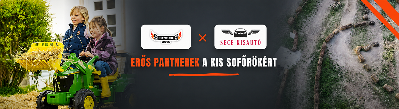 Gyerekek játszanak a szabadban egy zöld játéktraktorral és egy sárga lapáttal, amelyben széna van. A fiúk és a lányok nevetnek. A „Kinder Auto”/„Sece Kisautó” logó szlogennel. Jobb felső sarokban egy kis versenypálya.