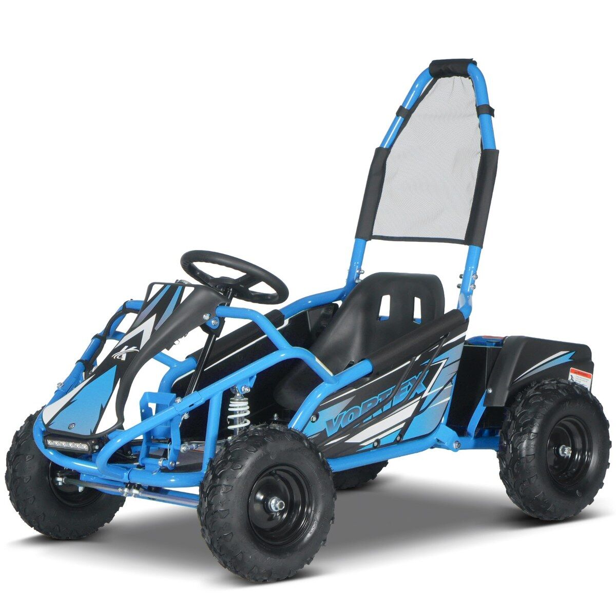 Modro-černý elektrický dětský gokart VORTEX, pohled zepředu vlevo pod úhlem. Robustní modrý trubkový rám, černé terénní pneumatiky, volant, přední LED světla a vysoký ochranný oblouk se sítí. Logo VORTEX na boku.