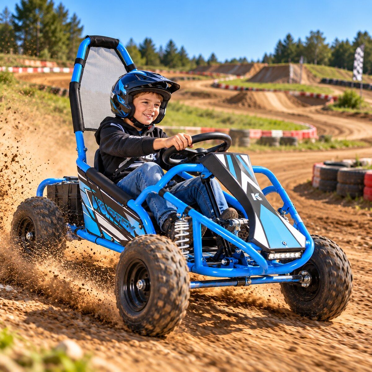 Usměvavý chlapec s přilbou nadšeně projíždí v modrém elektrickém gokartu VORTEX po písčité terénní trati a víří prach. V pozadí: zatáčky, zelené stromy a modrá obloha. Robustní zábava za volantem.
