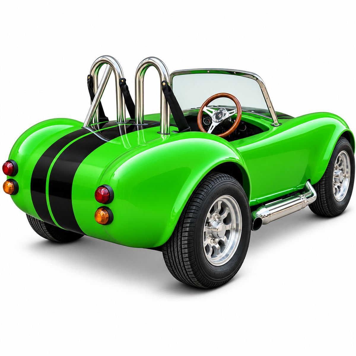 Leuchtend grünes Kinder-Elektroauto im Cobra-Shelby-Stil, von hinten rechts. Zwei schwarze Rennstreifen am Heck. Mit Edelstahl-Überrollbügeln, seitlichen Auspuffrohren, Holzlenkrad, roten Rückleuchten und orangenen Blinkern.