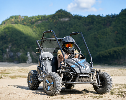Egy fekete sisakot és narancssárga szemüveget viselő személy ül egy fekete, szürke, kék díszítésű terepjáró buggyban. A buggy egy homokos mezőn áll, kék ég alatt. A háttérben zöld, erdős hegyek láthatók.