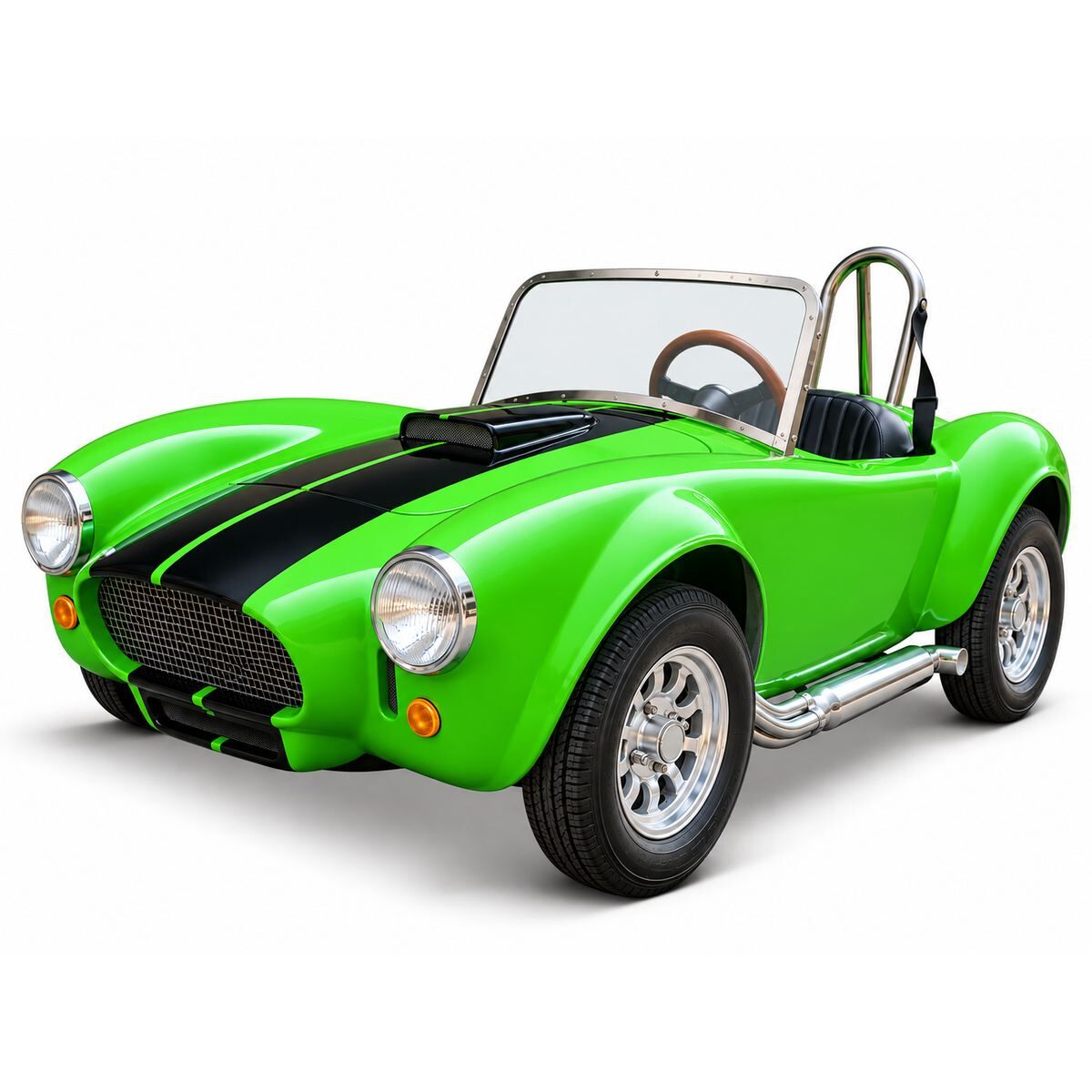 Leuchtend grünes Cobra Shelby Kinder-Elektroauto mit zwei schwarzen Rennstreifen auf der Motorhaube. Mit Chromscheinwerfern, Gitterfront, Chrom-Seitenauspuff, silbernen Felgen, Überrollbügel und Holzlenkrad innen.