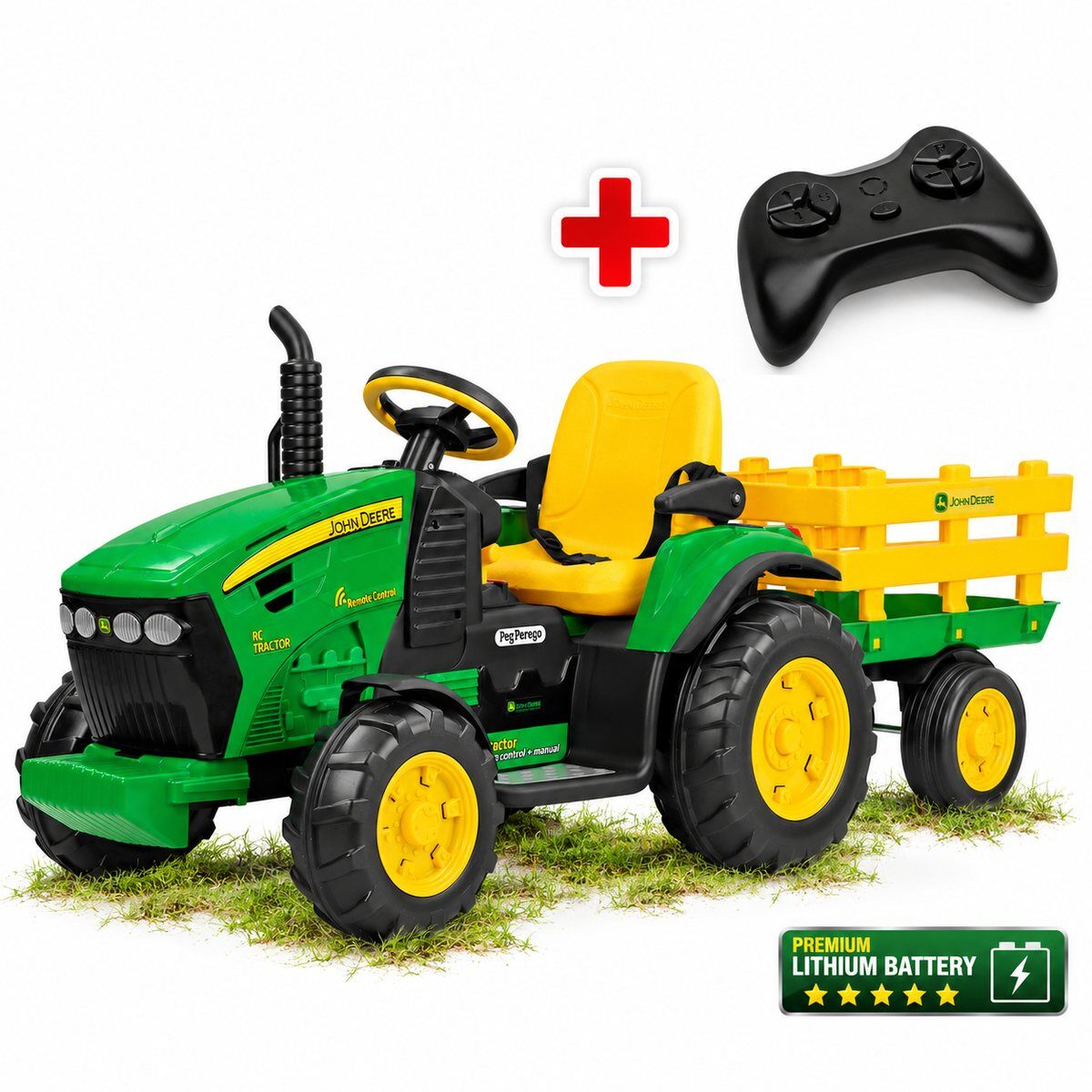 Grüner John Deere Ground Force Elektro-Kindertraktor mit gelbem Anhänger und Sitz auf grünem Gras. 12V Traktor mit großen schwarzen Reifen und gelben Felgen. Daneben eine schwarze Fernbedienung und Symbol für Premium-Lithiumbatterie.