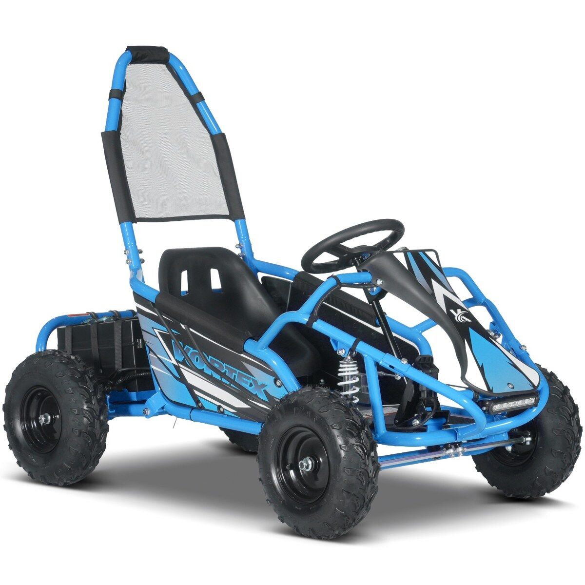 Modrý elektrický dětský gokart VORTEX s robustním rámem, černým sedadlem a vysokým síťovaným opěradlem. S profilovanými terénními pneumatikami, černomodrými grafickými prvky s logem „VORTEX“, volantem a odpružením.