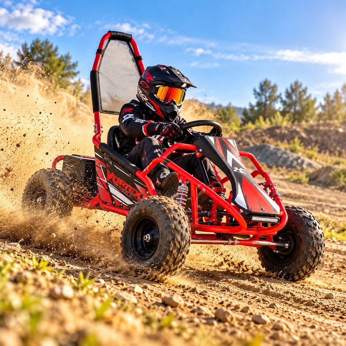Dítě v ochranném oblečení řídí červený elektrický dětský gokartový buggy s názvem VORTEX na písčitém terénním okruhu. Z zadních kol se víří prach, zatímco vozidlo dynamicky uhání po nerovném terénu. Obloha je modrá a slunečná.