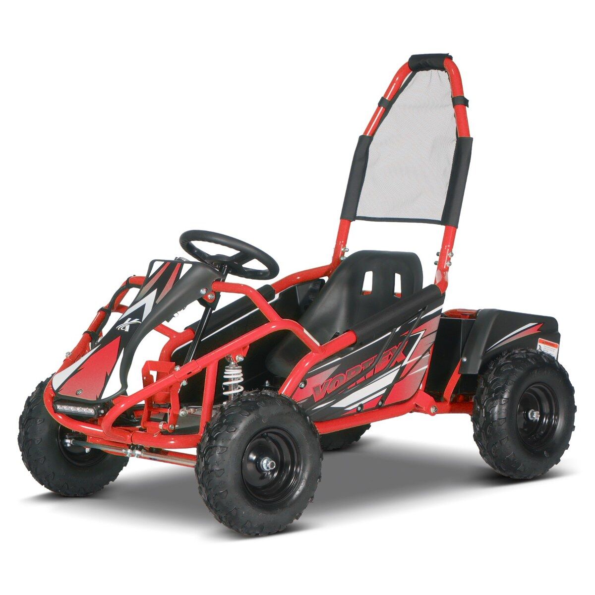 Červeno-černý elektrický dětský gokart-buggy na bílém pozadí: červený ocelový rám, černé terénní pneumatiky, černé sedadlo, ochranný oblouk se sítí, volant, světlomety, grafika „VORTEX“.