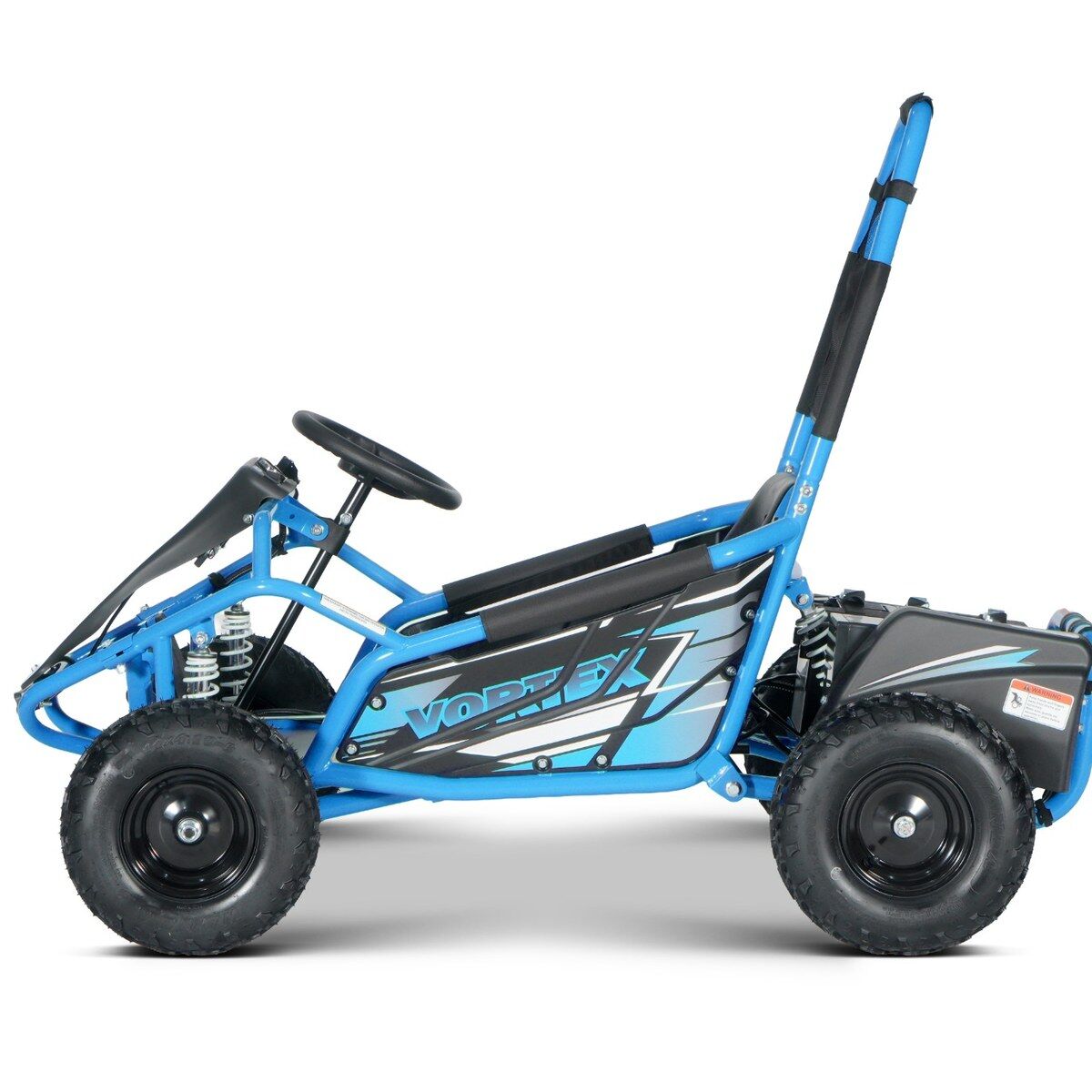 Modrý elektrický dětský motokárový buggy VORTEX s robustním rámem a černými profilovanými terénními pneumatikami. S volantem, sedadlem a vysokým černým ochranným obloukem pro větší bezpečnost. Na boku je nápis „VORTEX“ v světle modro-černém provedení.