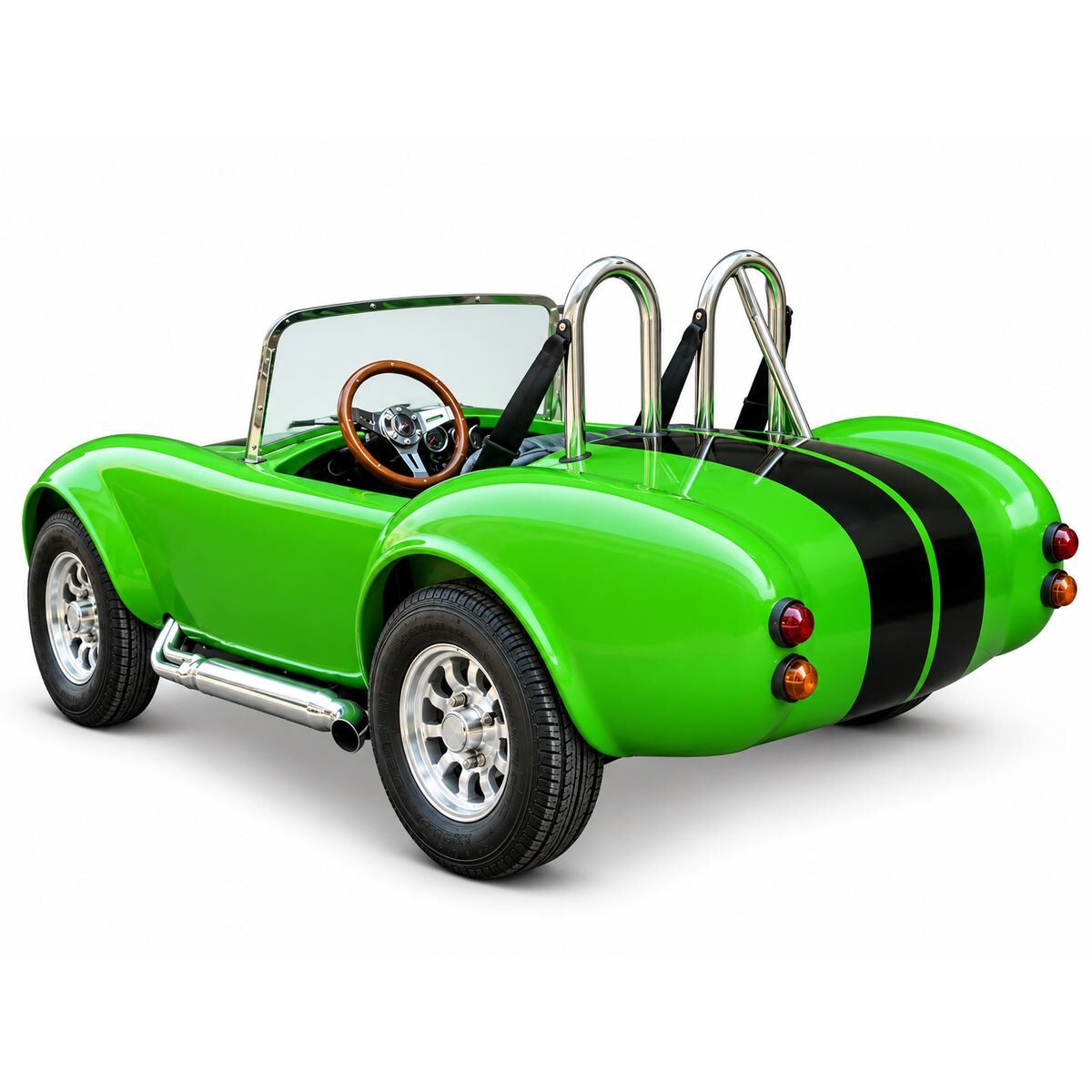 Leuchtend grünes Cobra Shelby Kinder-Elektroauto aus leichter Seitenperspektive, nach hinten rechts blickend. Mit schwarzen Rennstreifen am Heck, Edelstahl-Überrollbügel, Holzlenkrad sowie Chromdetails wie Seitenauspuff und Felgen.