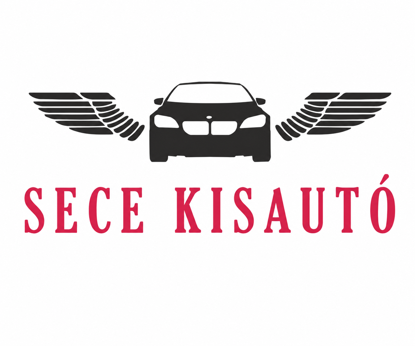 Fekete autósziluett két stilizált szárnnyal az oldalain, amelyek a sebességet vagy a repülést sugallják. Elölnézet fényszórókkal és hűtőrácsokkal. Alatta a „SECE KISAUTÓ” felirat nagy, piros, szérif betűkkel.