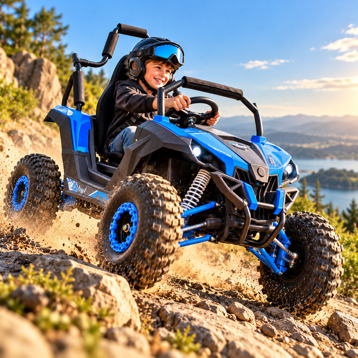 Zářící dítě v přilbě a brýlích řídí modrý dětský elektrický Jeep ve stylu buggy s robustními terénními pneumatikami a modrými ráfky po kamenité cestě. Kolem pneumatik víří prach. V pozadí: kopce, jezero, hory.