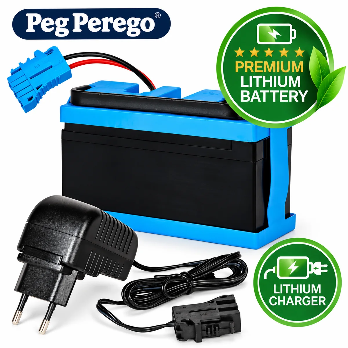 Černá lithiová baterie „ Peg Perego “ 12 V, 8 Ah s modrými prvky a konektorem, k tomu odpovídající černá lithiová nabíječka s kabelem. Sada pro dětská vozítka k přestavbě na lithiovou technologii, s označením „Premium“.