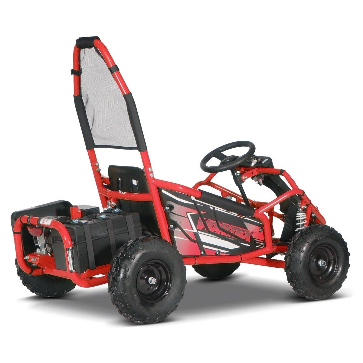 Červený elektrický dětský gokart VORTEX s pevným červeným trubkovým rámem, černými profilovanými terénními pneumatikami a bezpečnostní síťkou na opěradle. Na boku je vidět logo „VORTEX“. 48V akumulátor je viditelný vzadu vlevo.