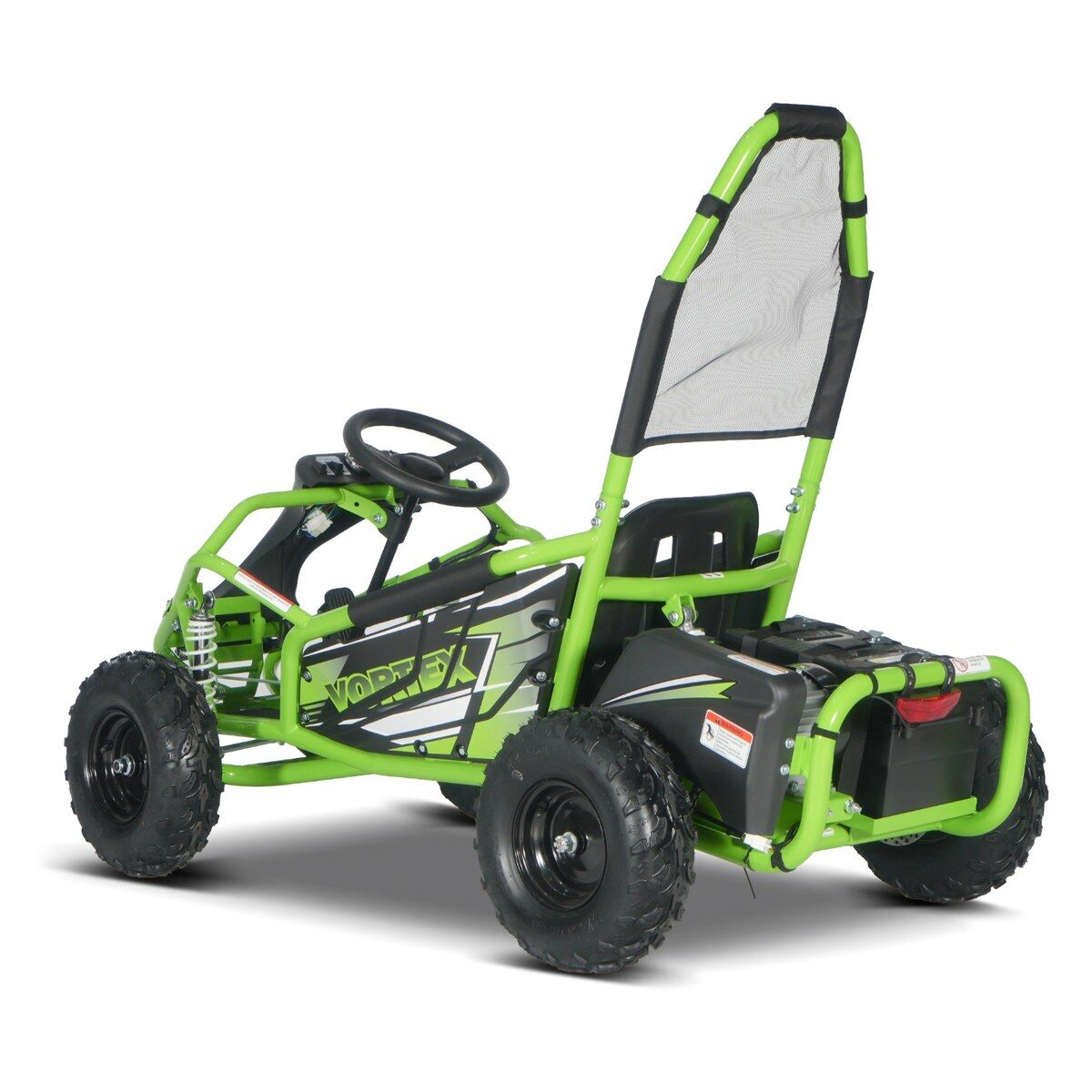 Zelený elektrický motokár VORTEX 48 V pro děti, pohled zepředu zprava na bílém pozadí. Robustní zelený trubkový rám, černé terénní pneumatiky, volant a vysoký ochranný oblouk se sítí. Grafika VORTEX na boku.
