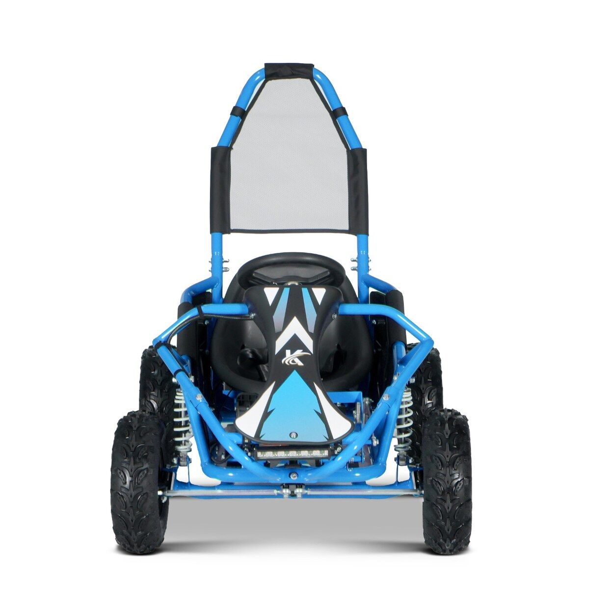 Modrý elektrický dětský gokart VORTEX s robustním trubkovým rámem, velkými profilovanými terénními pneumatikami a černým sedadlem s bílo-modrými vzory. Ochranná mřížka. Přední část s jasnými LED světlomety.