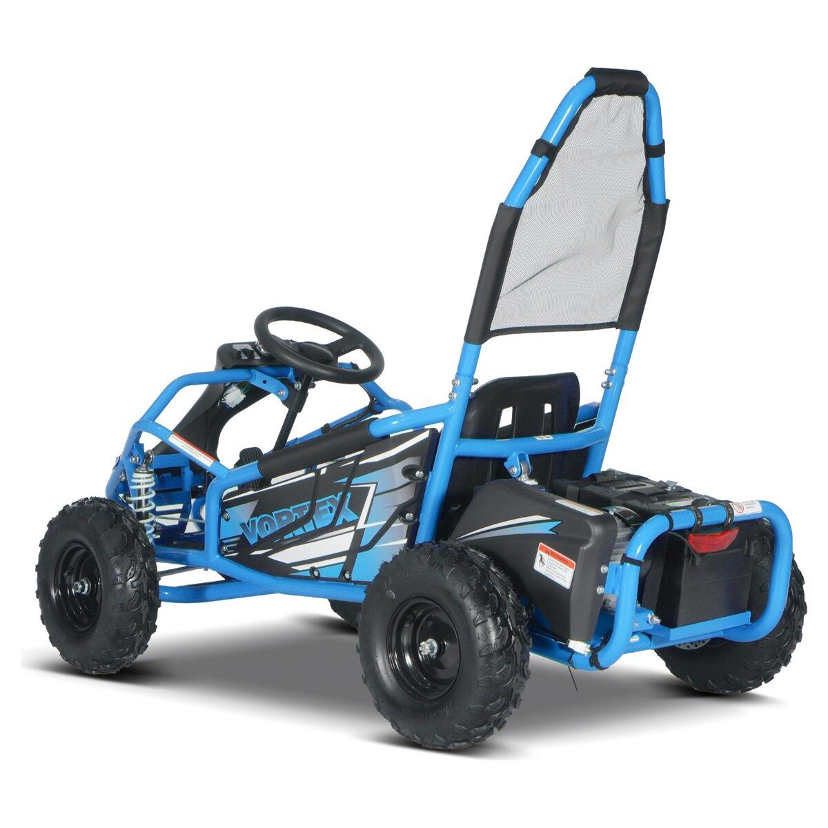 Modrý elektrický dětský motokárový buggy VORTEX, vpravo vzadu na bílém pozadí. Robustní vozidlo s modrým trubkovým rámem, čtyřmi černými terénními pneumatikami a černou sedací skořepinou. Ochranný oblouk se sítí, volant, grafika VORTEX.